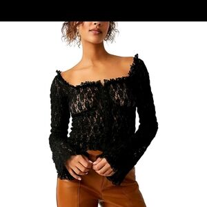 Free People One Madison Black Lace Long Sleeve Top-xs